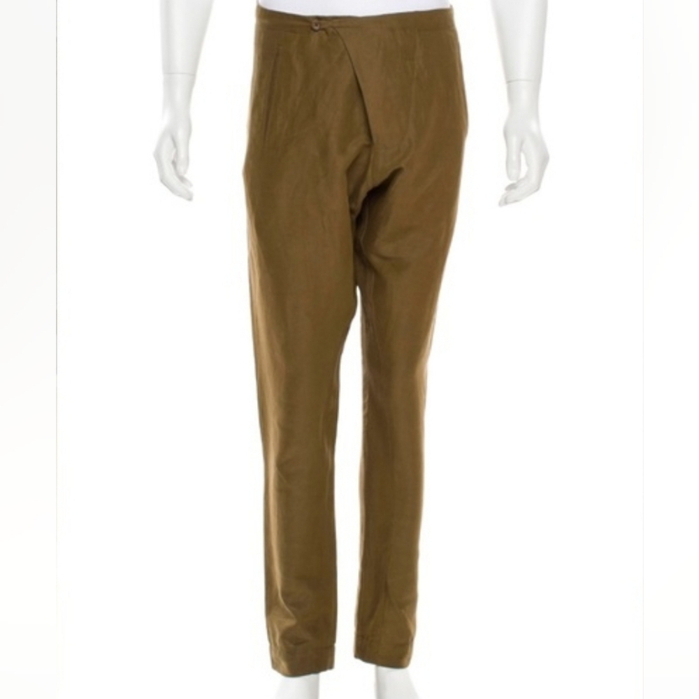 ARJE Olive Brown Linen Blend Button Drop Crotch Pants M